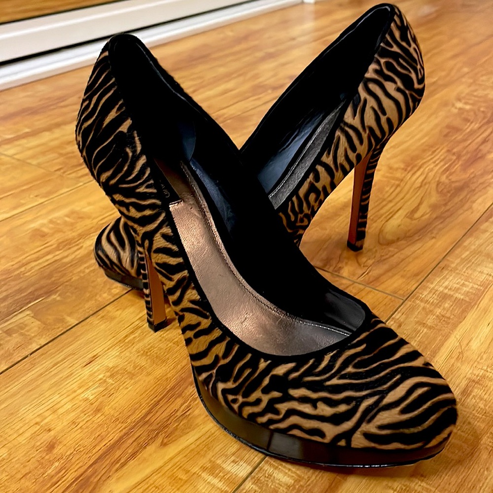 Joan & David Cheetah Fur Heels, Leather with Wooden Sole